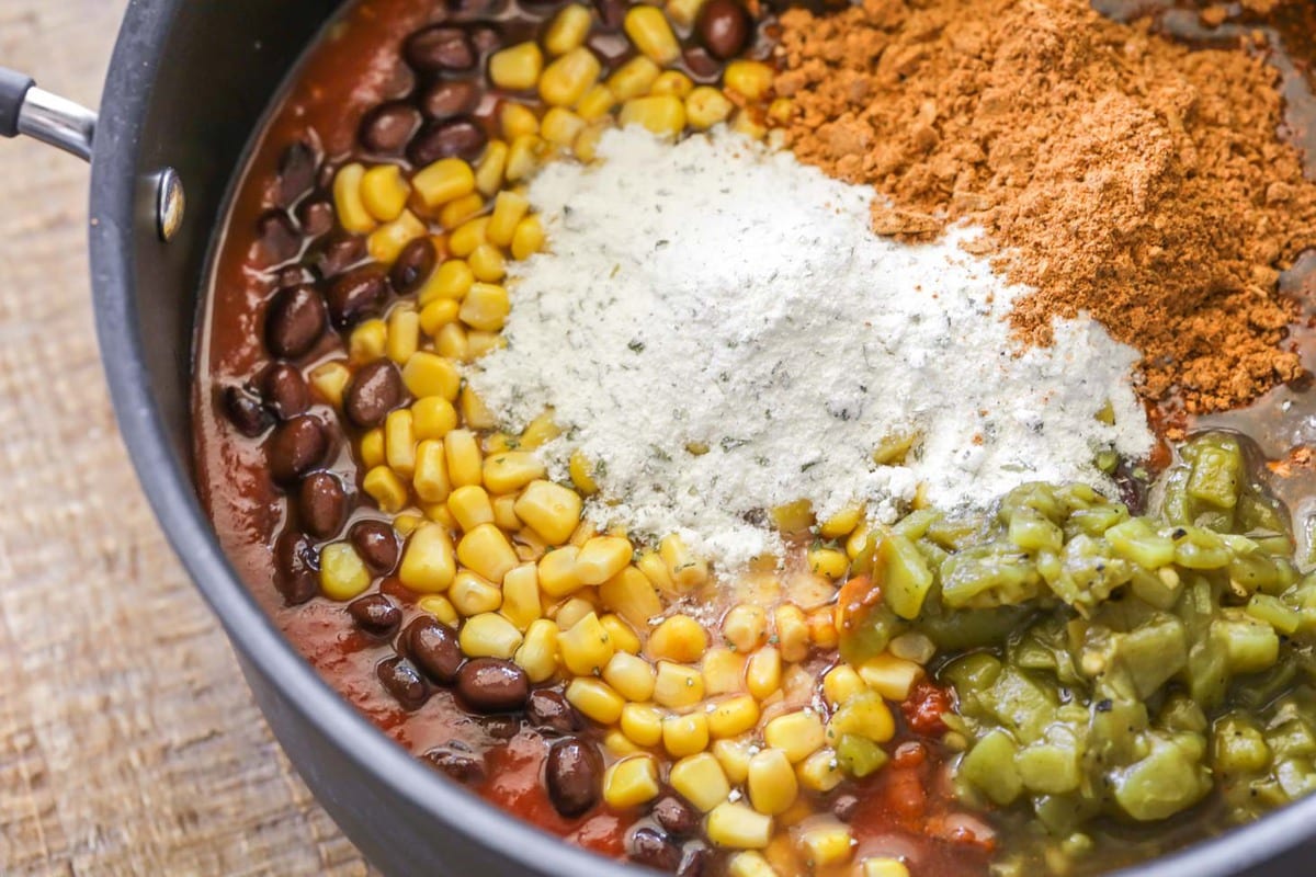 Taco soup ingredients in a large pot.