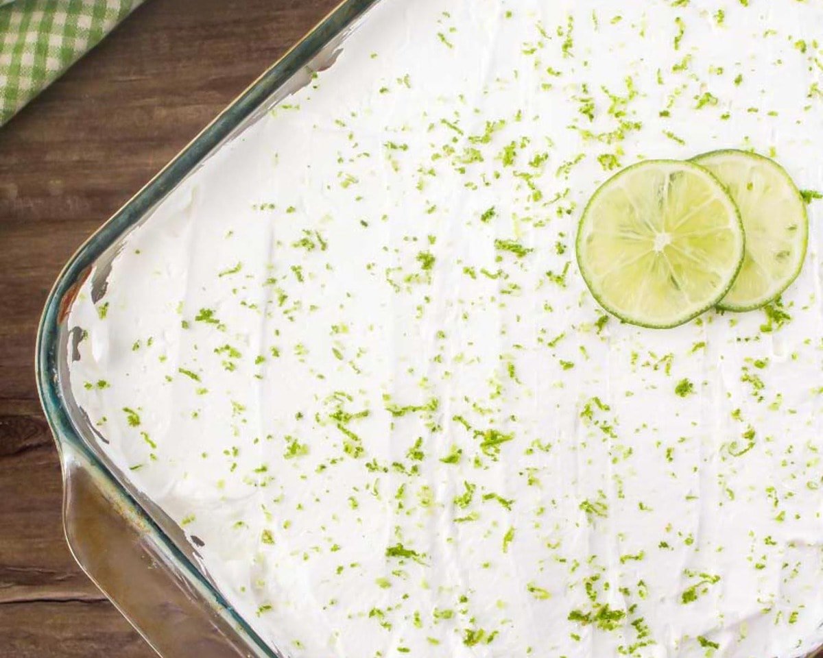 Overhead shot of Key Lime Cake Recipe in a glass baking dish.
