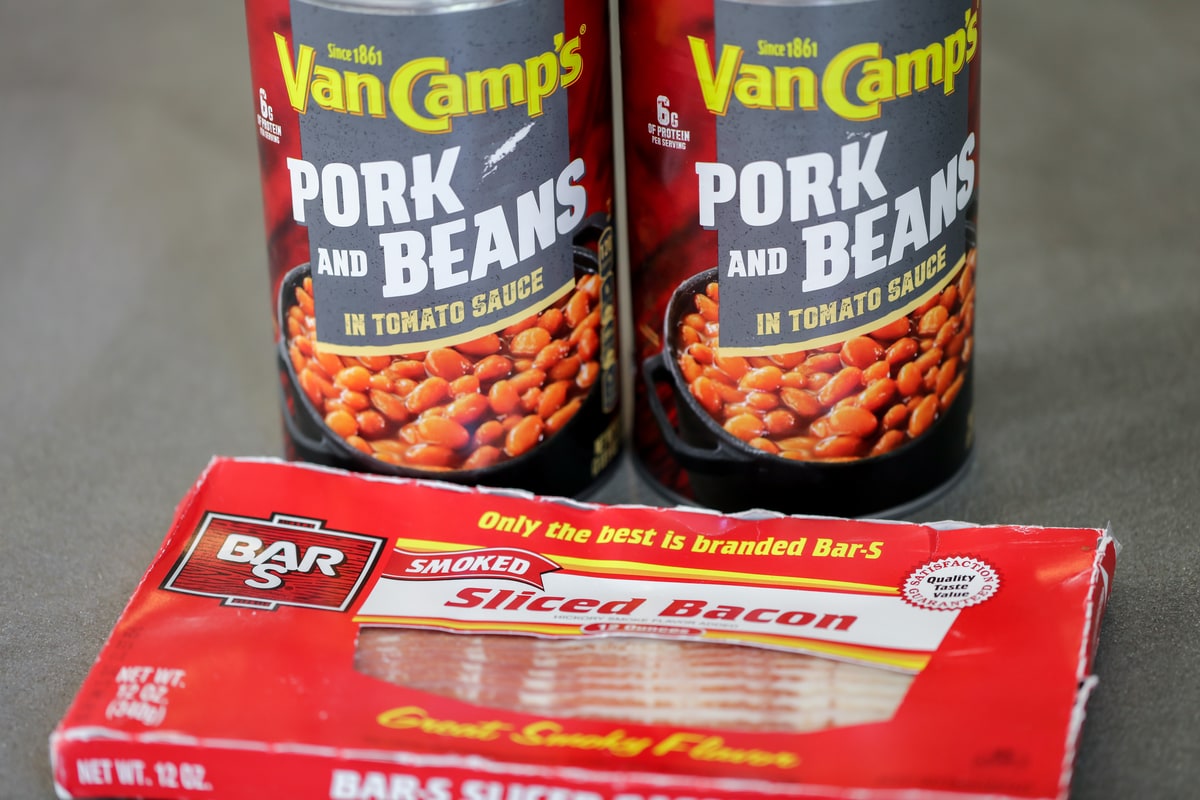 Ingredients for baked beans recipe laid out on the counter.