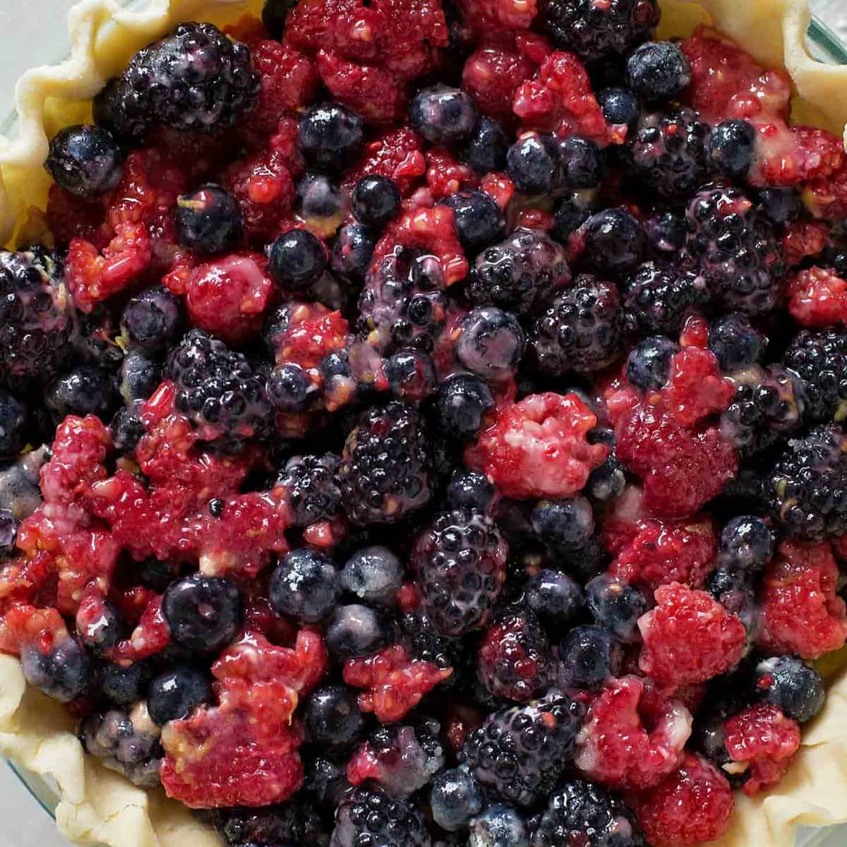 Berries in crust for Triple Berry Pie recipe.