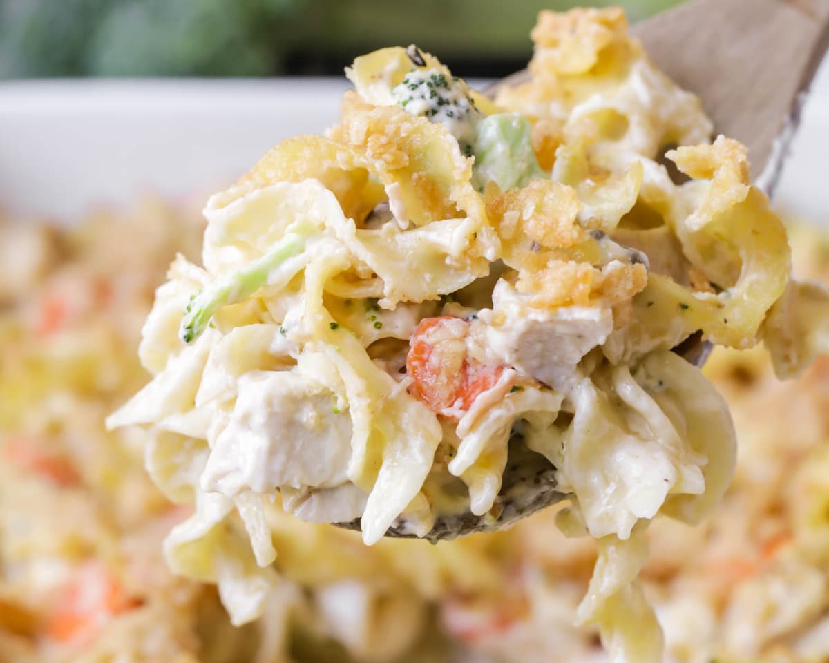 Chicken Dinner Ideas - Close up of chicken noodle casserole scooped onto a spoon.