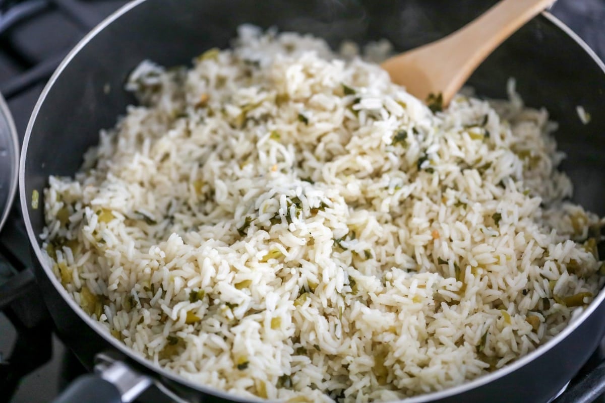 Cilantro Rice in a pan on the stove.