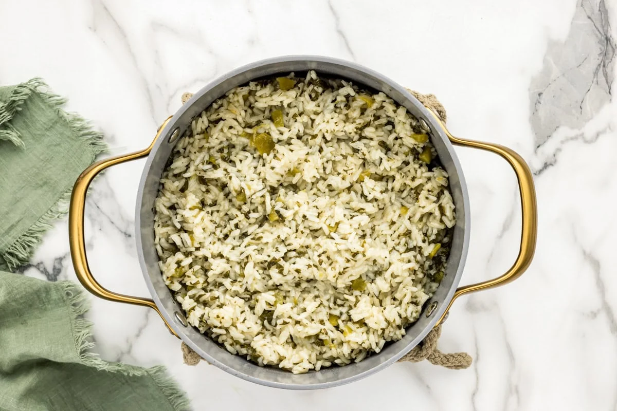 Cilantro lime rice cooked in pot.
