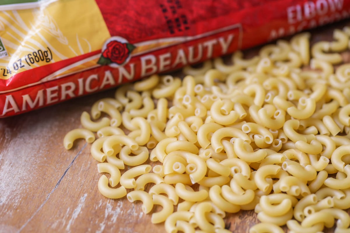 A package of dry macaroni noodles.