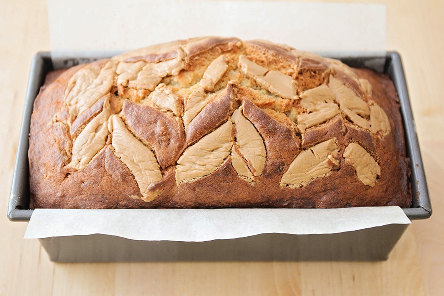 Peanut butter banana bread cooked in a loaf pan.