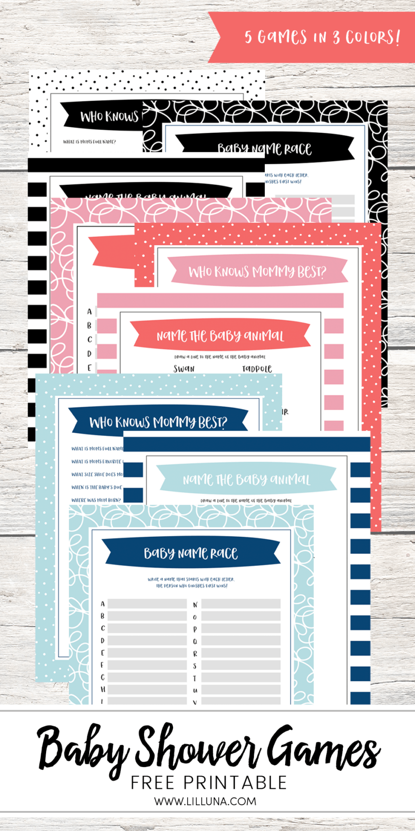 FREE Printable Baby Shower Games - 5 Games (in 3 Colors!) | Lil' Luna