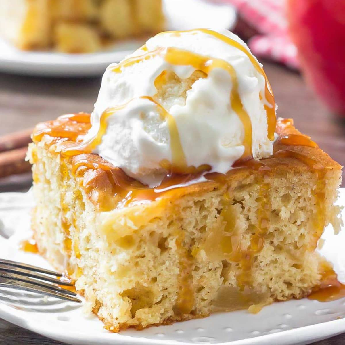 Easy Cake Recipes - Apple cake topped with a scoop of vanilla ice cream.