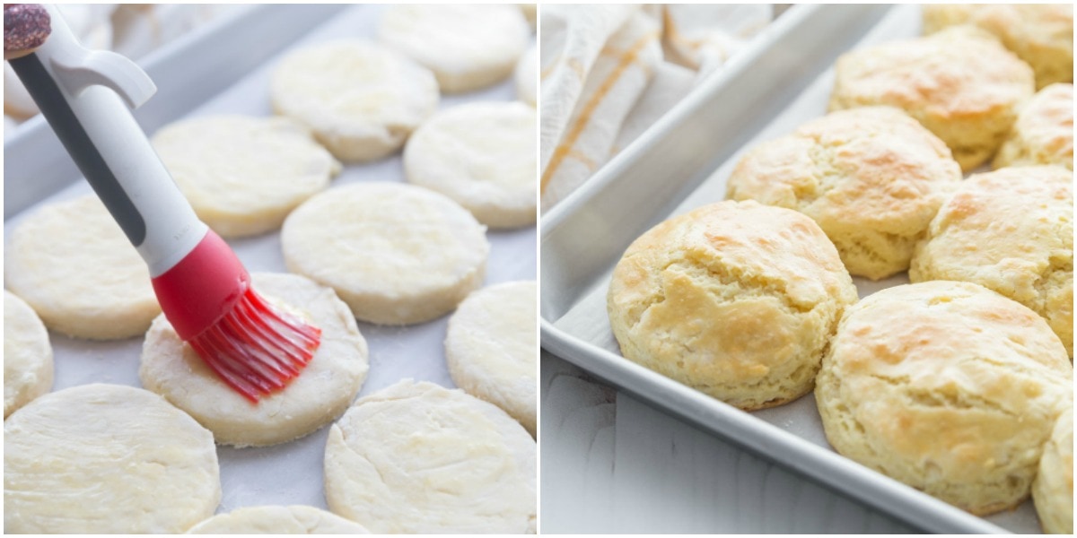 Buttermilk Biscuits process shots - covering biscuit dough with butter