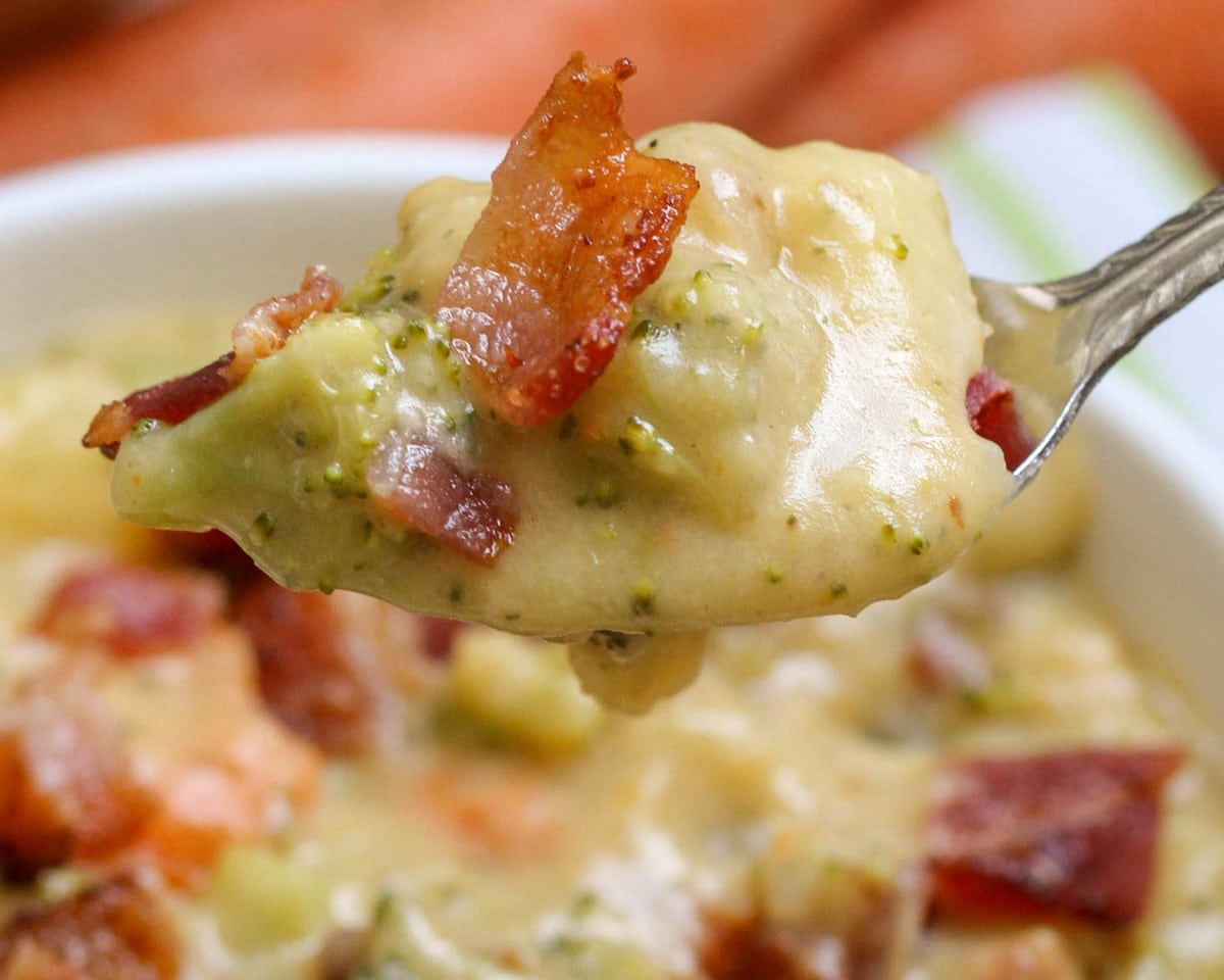 Loaded Broccoli Cheddar Potato Soup with bacon on top