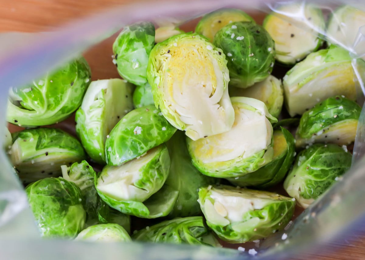 Oven Roasted Brussel Sprouts prepped in bag with oil and salt