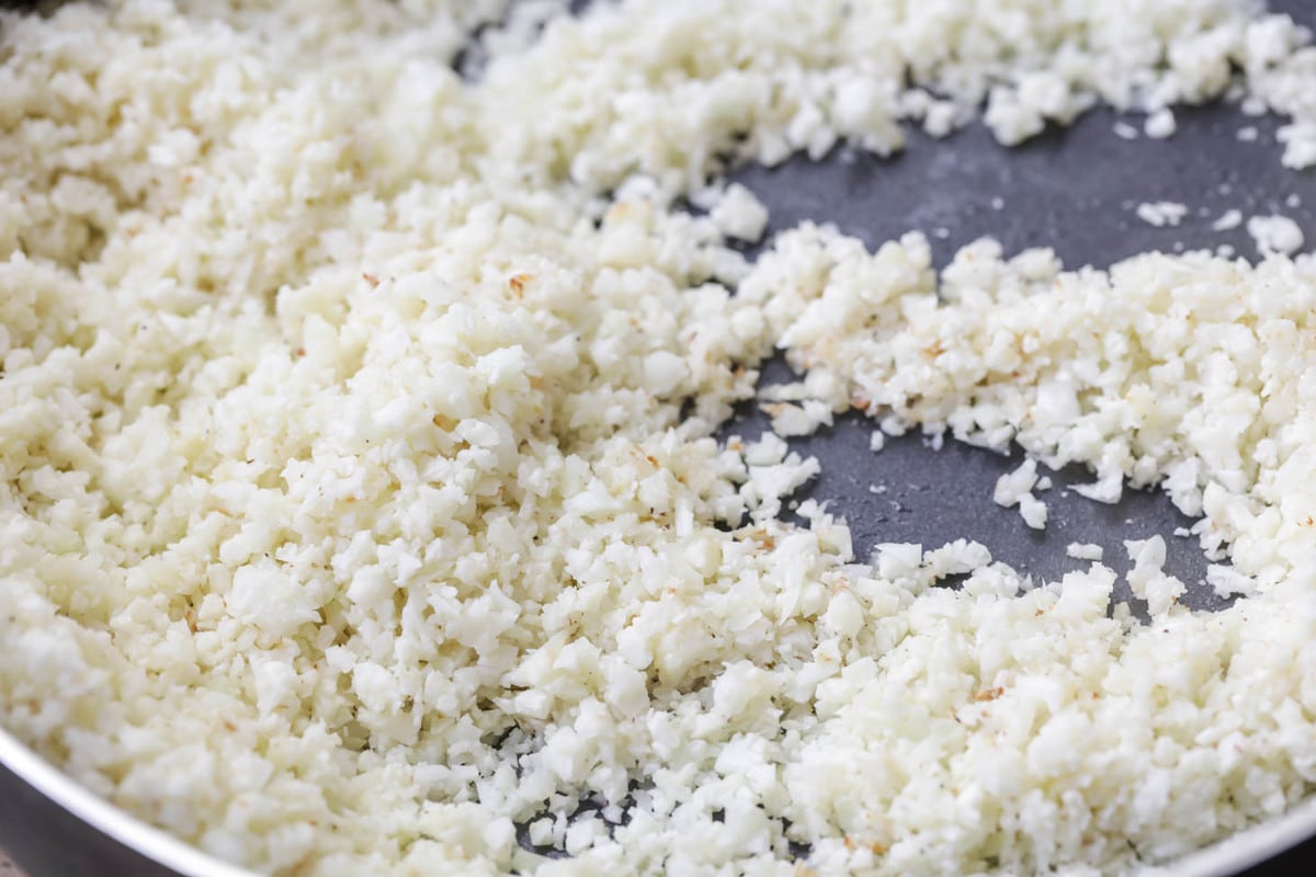 Riced Cauliflower in a skillet