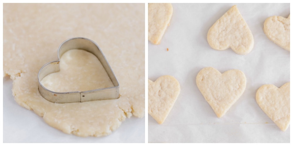 Heart-shaped pie pieces cut on a pastry sheet.