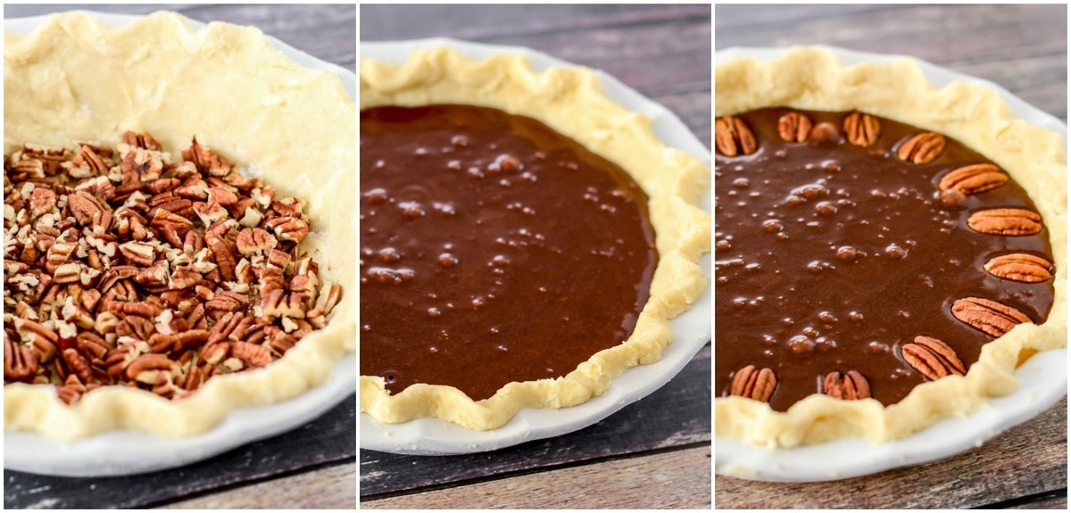 Layering pecans and chocolate filling in a pie crust