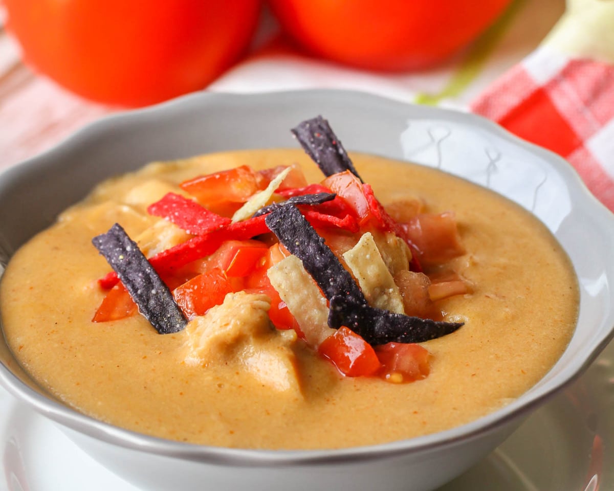Mexican soup recipes - chili's chicken enchilada soup topped with tortilla strips.