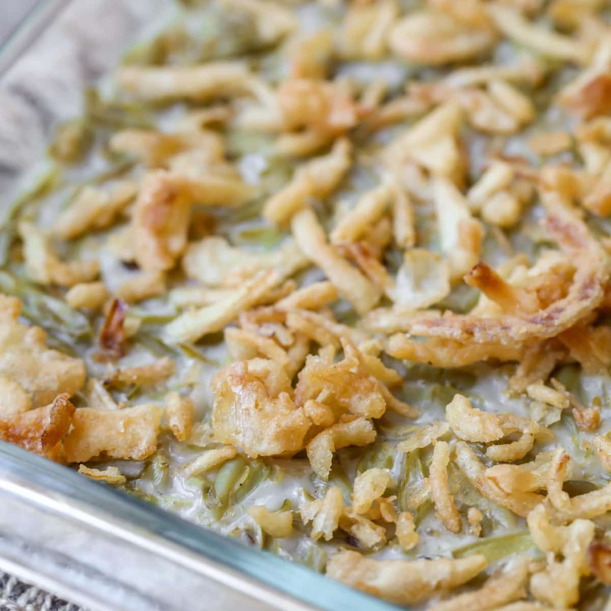 Green Bean Casserole in a glass casserole dish.