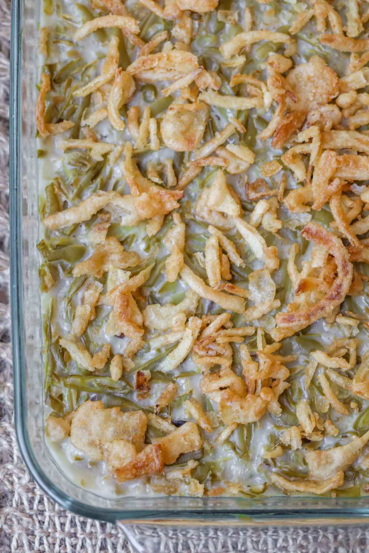 Easy Green Bean Casserole baked in a casserole pan.