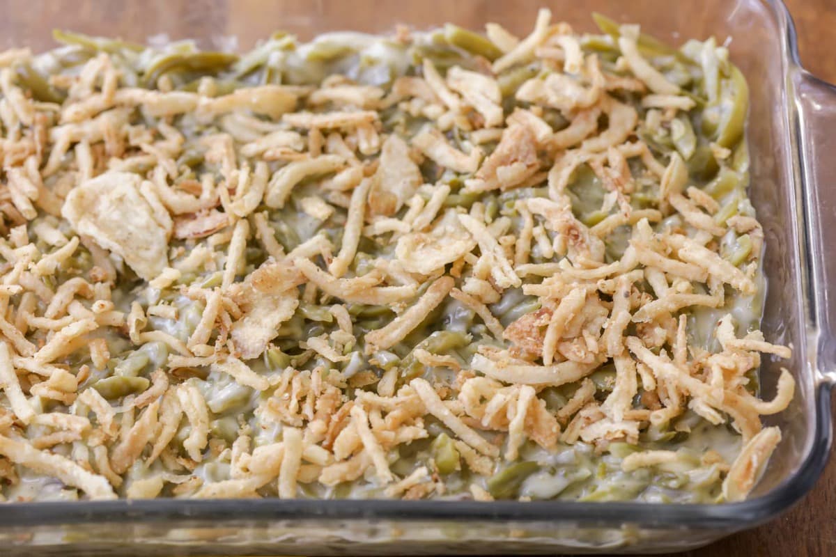 Homemade Green Bean Casserole in a glass casserole dish.