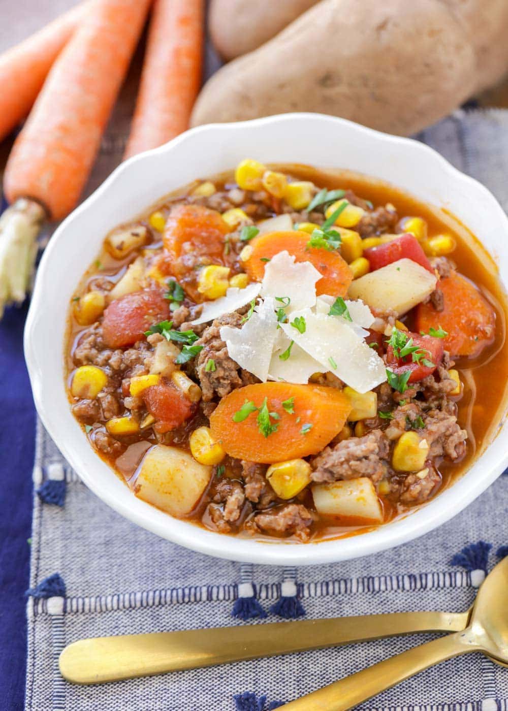 Easy hamburger soup served in a white bowl.