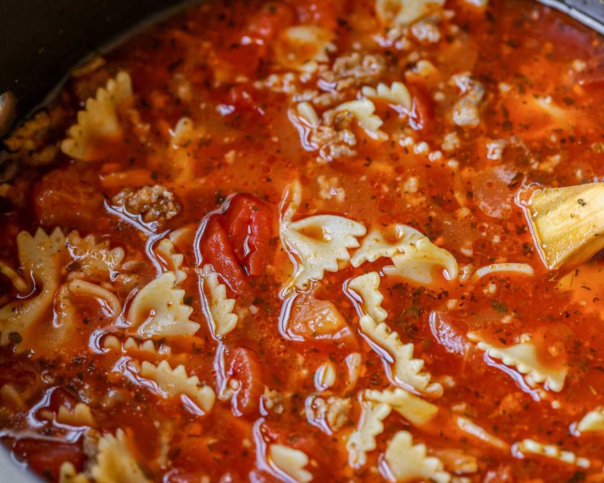 Lasagna soup cooking in a pot