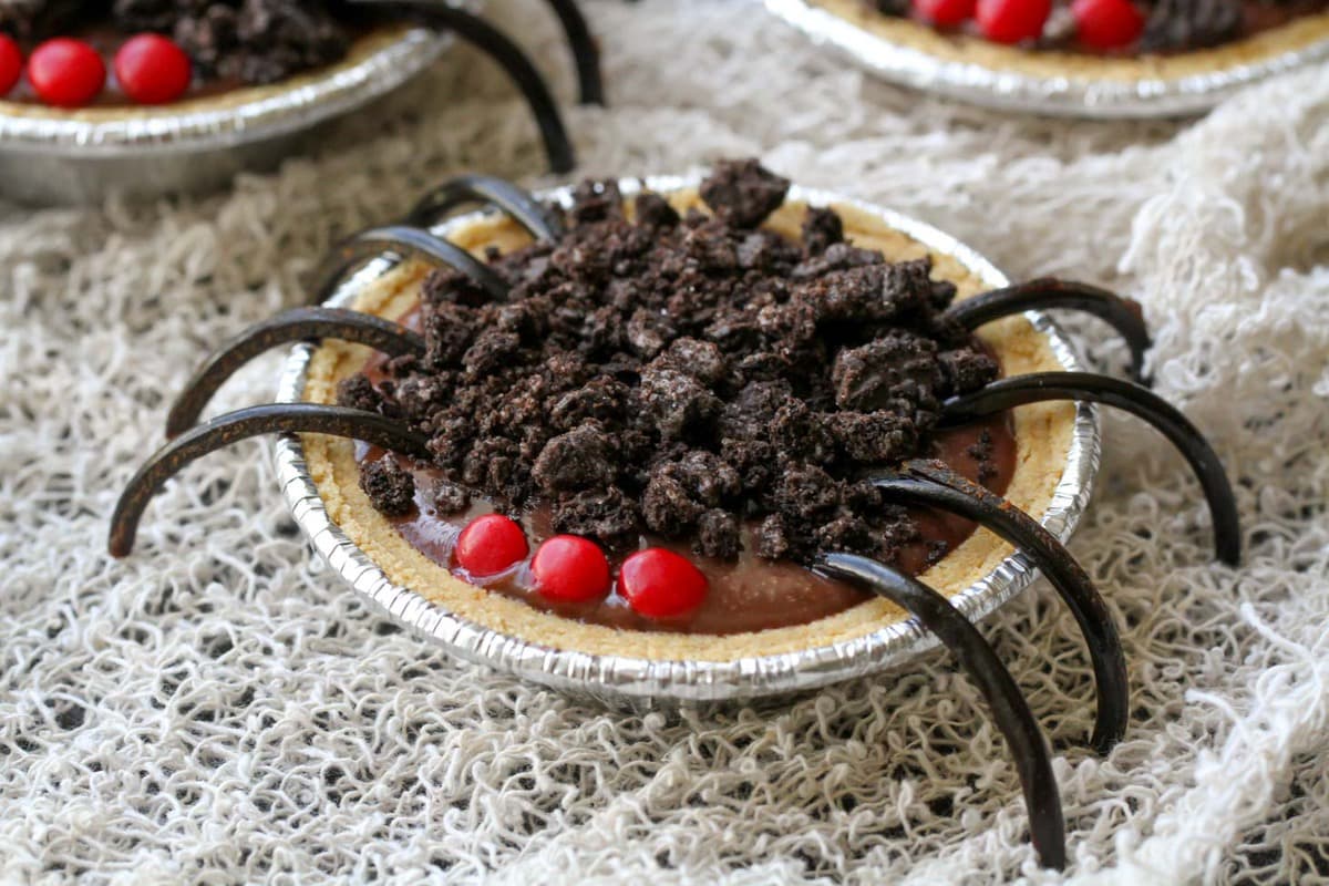 Chocolate Pudding Spider Pies on spider webs