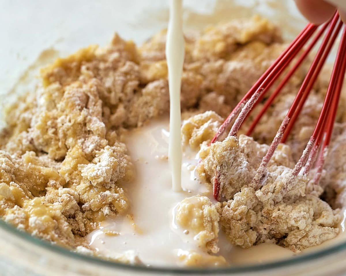 Peanut Butter Banana Pancake batter in a glass bowl