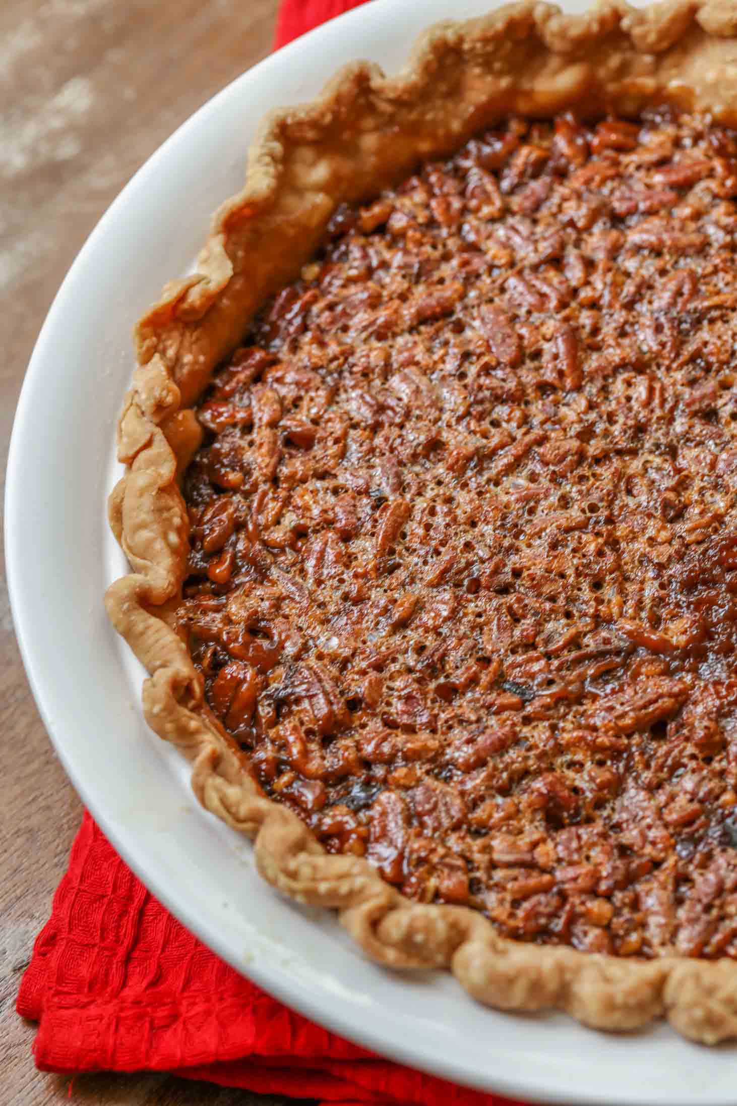 Easy Pecan Pie served in a white pie pan