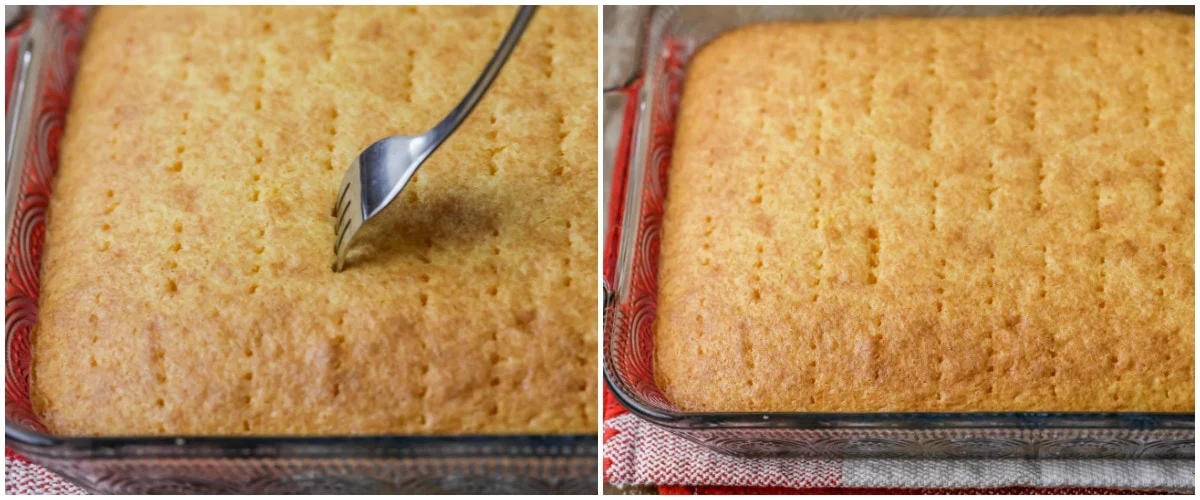 Poking a fork into a cake to make a Jello poke cake.