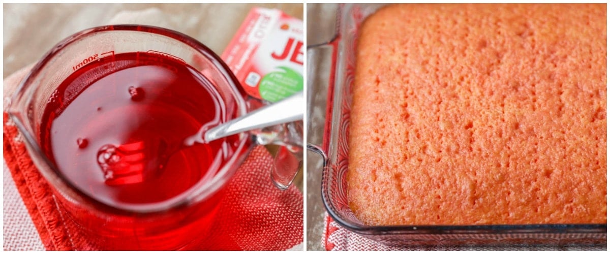 Making jello and pouring it over the cake for jello poke cake.