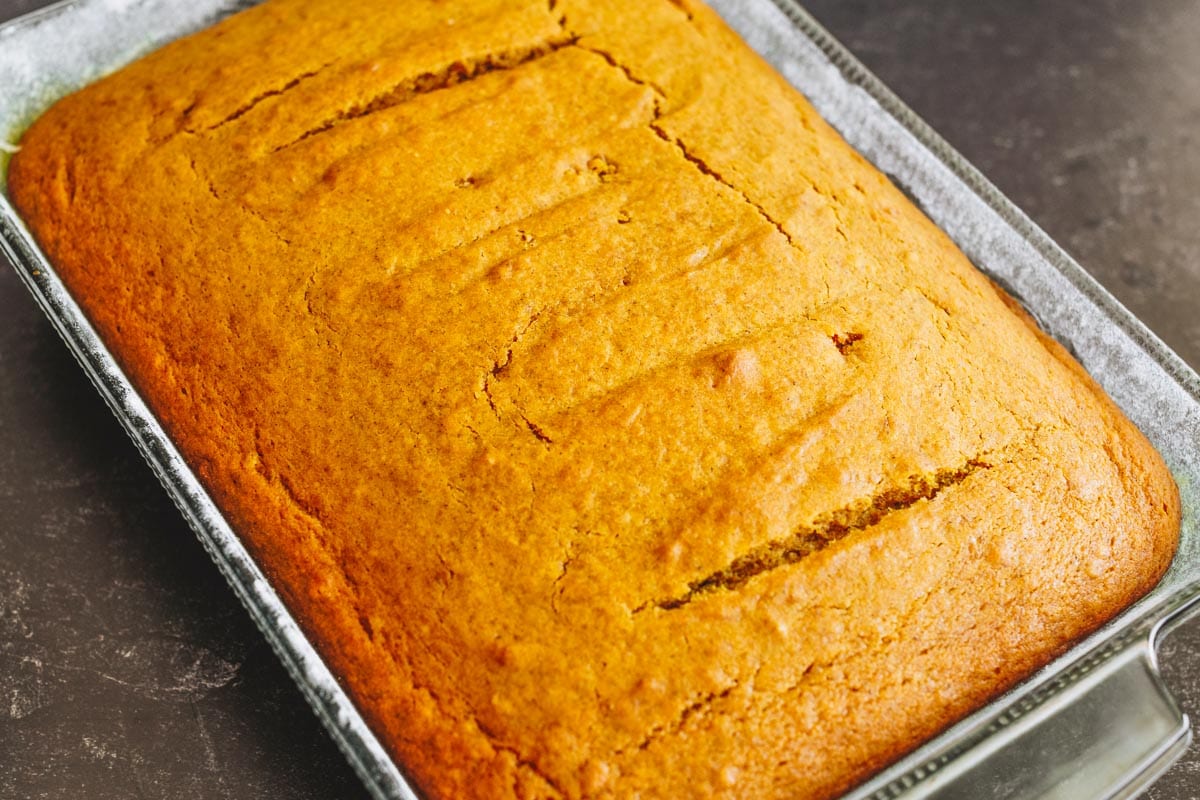 Pumpkin cake unfrosted in pan