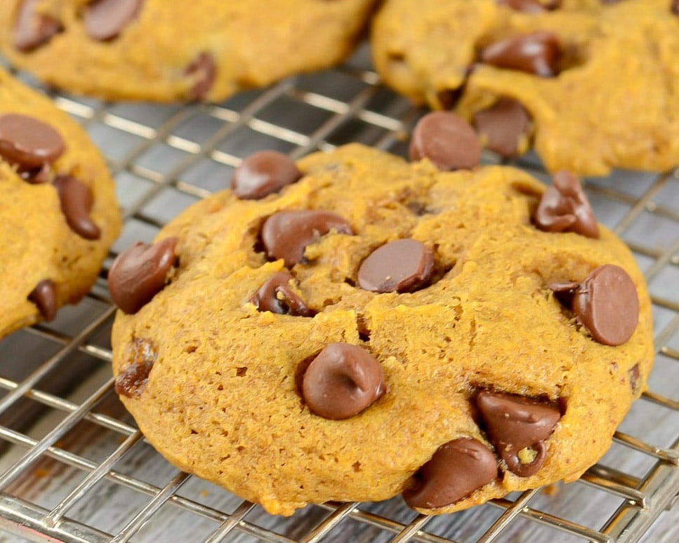 Pumpkin Chocolate Chip Cookies on a cooling rack