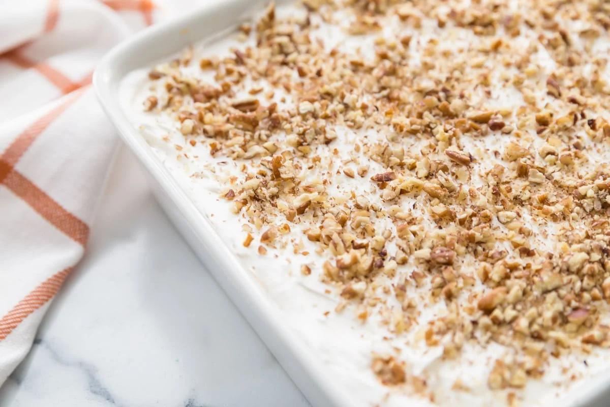 pumpkin delight dessert in a white baking dish