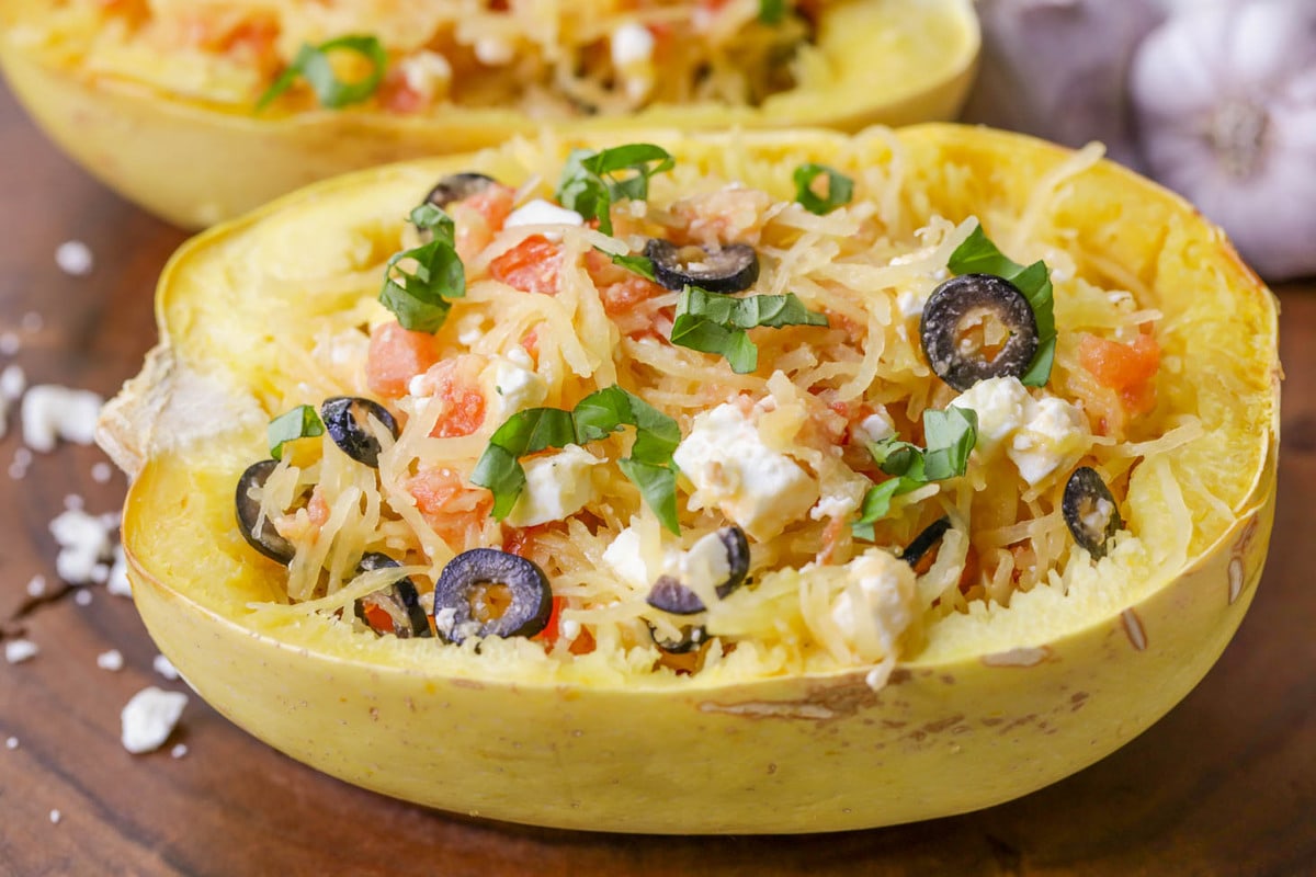 Easy Dinner Ideas - Baked spaghetti squash filled with vegetables and cheese.