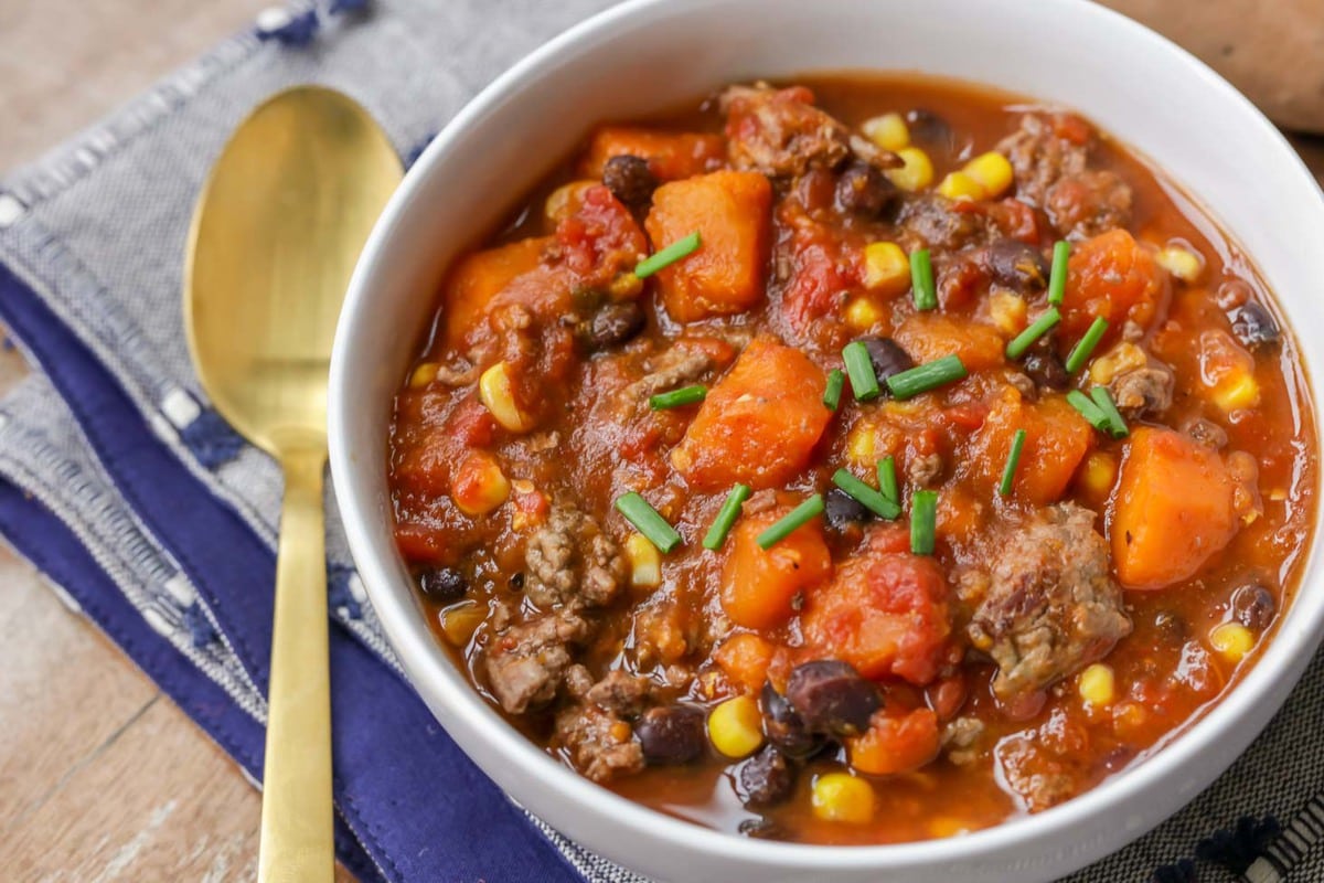 Sweet Potato Chili served up in a white bowl