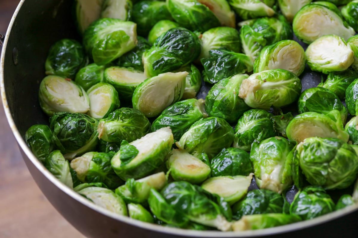 Brussel Sprouts and bacon in skillet