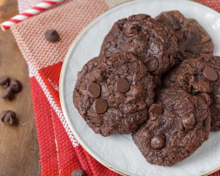 Brownie cookies stacked on a white plate.