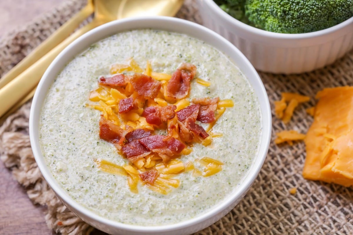 Cream of Broccoli Soup topped with bacon and cheese