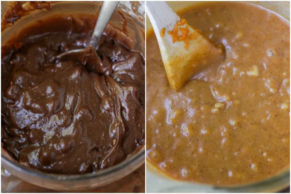 brownie mixture and pumpkin mixture in separate bowls