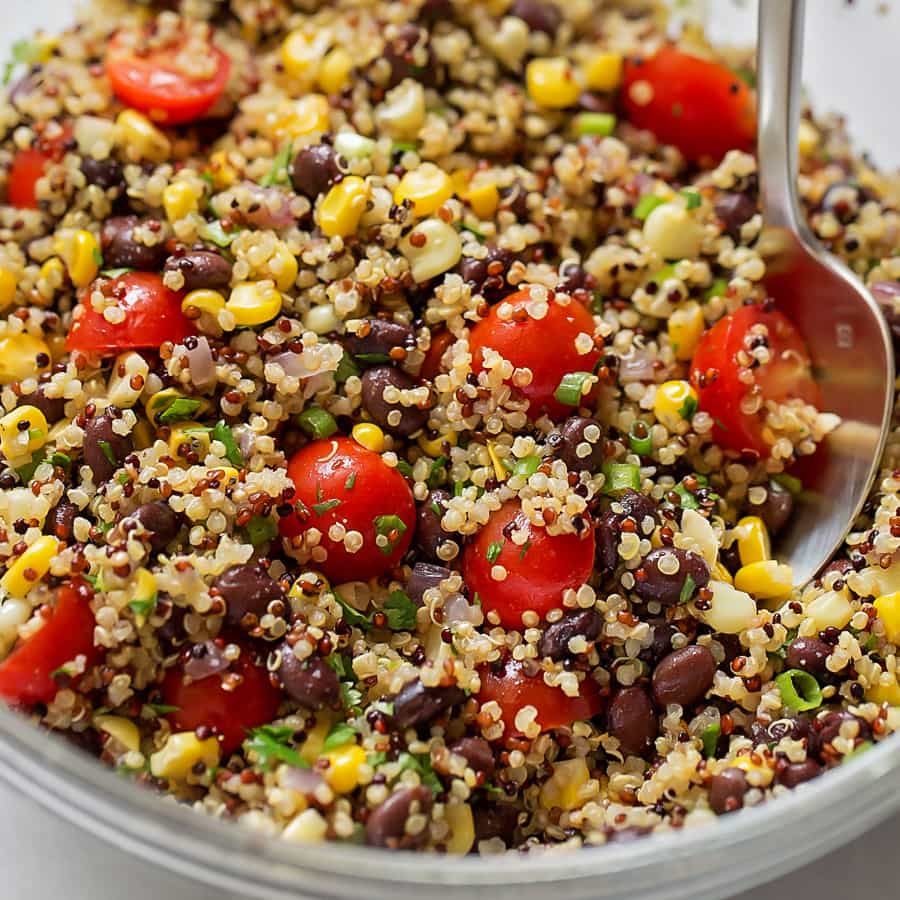 Southwest Quinoa Salad close up with a spooned scoop