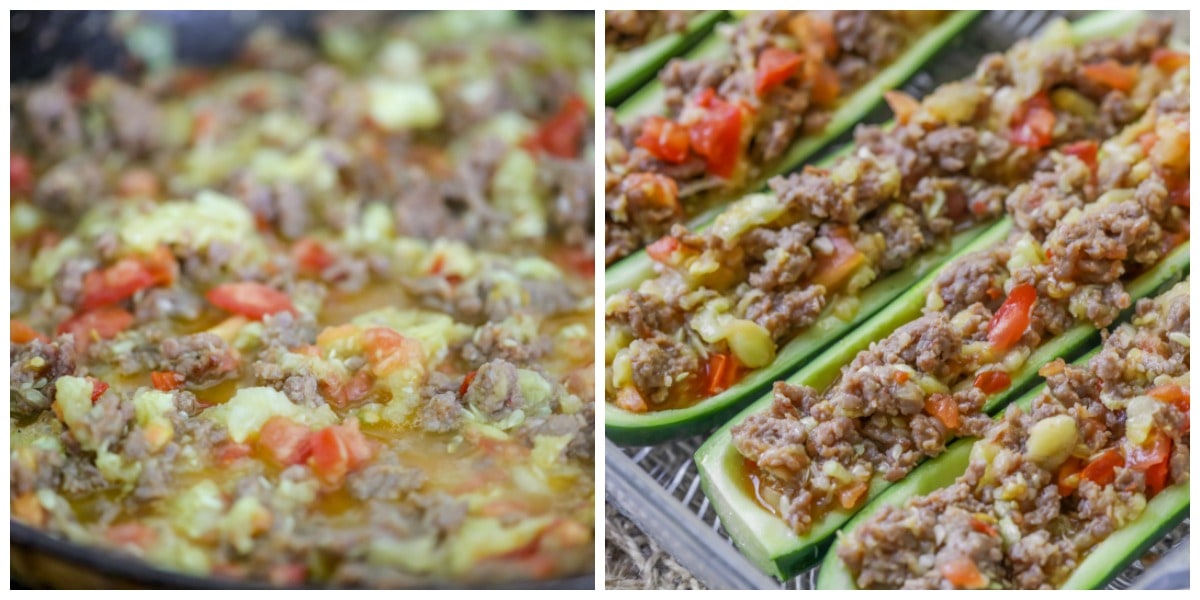 Sausage Stuffed Zucchini ingredients in a skillet