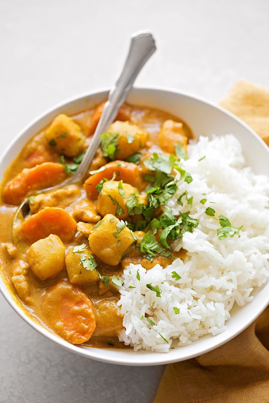 Coconut Curry Chicken in a white bowl
