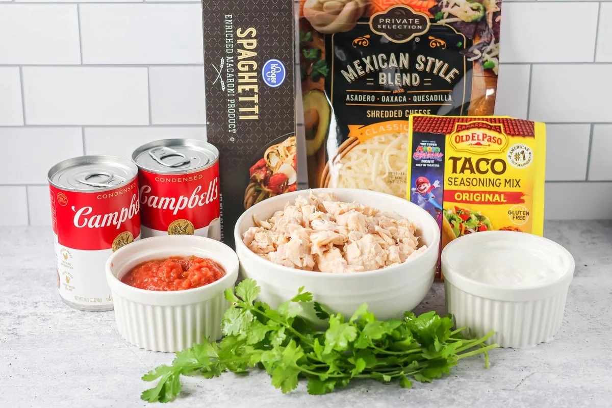 Chicken spaghetti recipe ingredients on countertop.