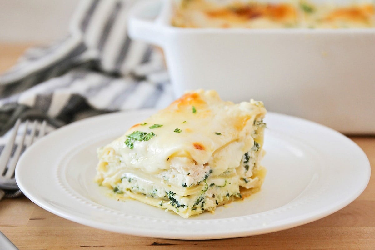 Fall dinner ideas - slice of chicken lasagna on a white plate.