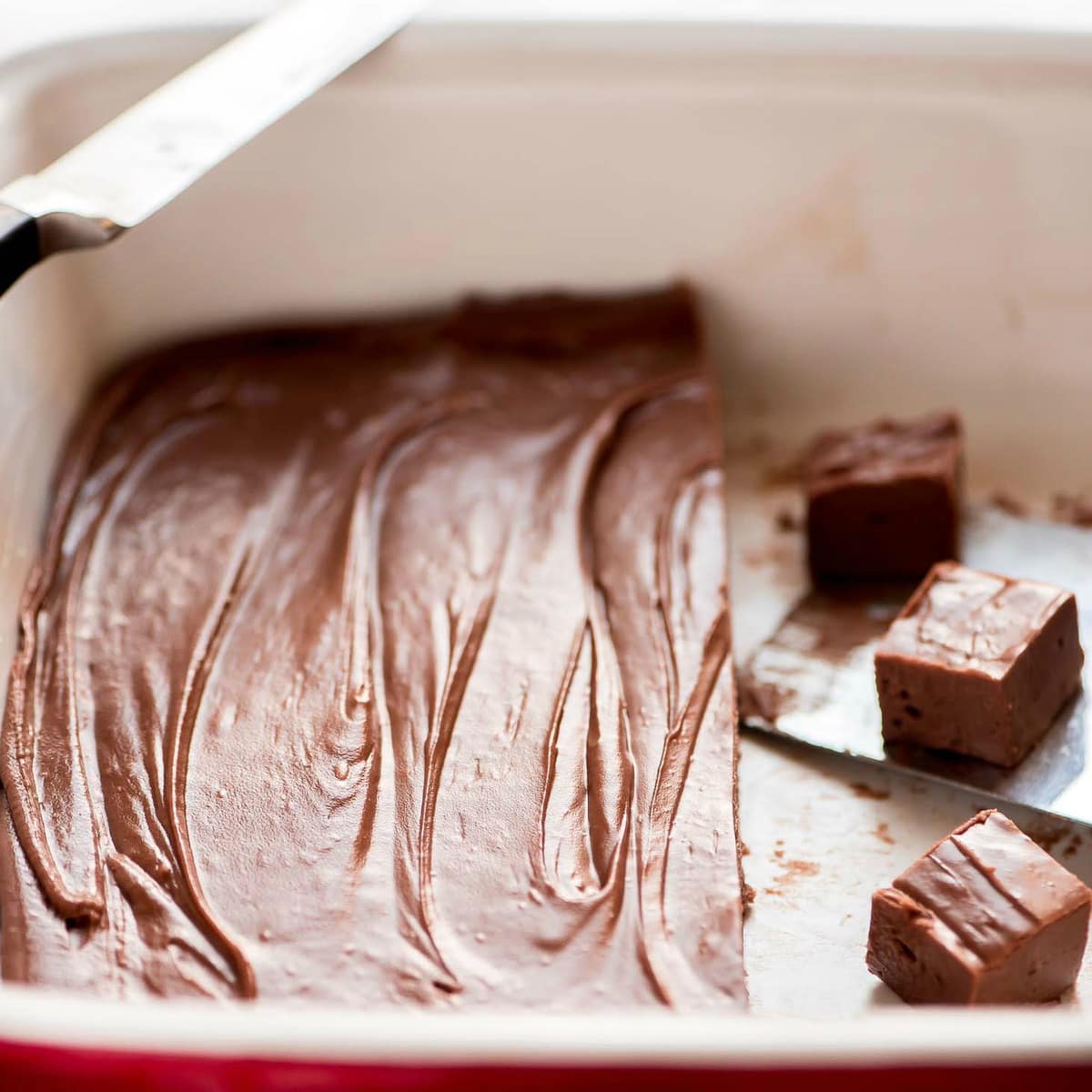 Fudge spread in a baking dish.