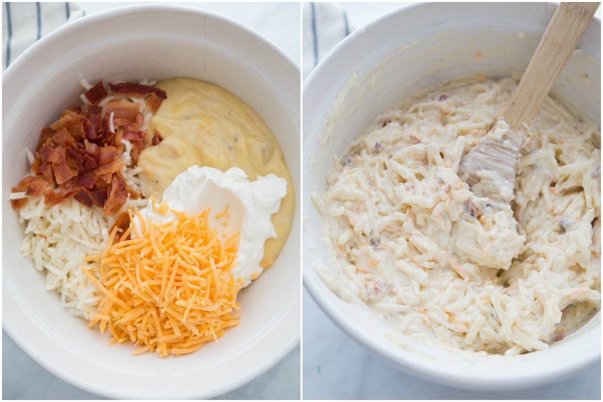 Easy Cheesy Hashbrown Casserole is the perfect side dish to any dinner or holiday meal. It takes just 5 minutes of prep work and is hearty and delicious! Hashbrown casserole ingredients mixed in bowl