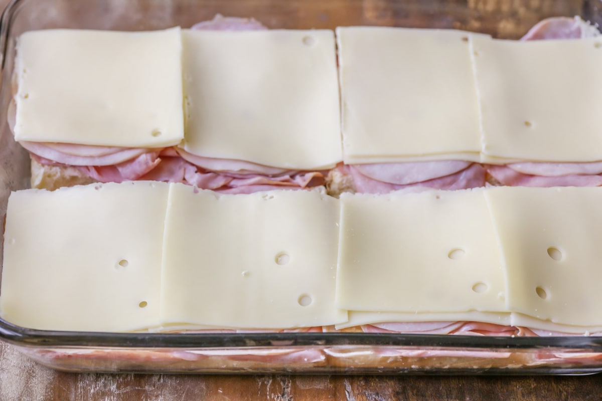 Layers of meat and cheese for the Monte Cristo Sliders