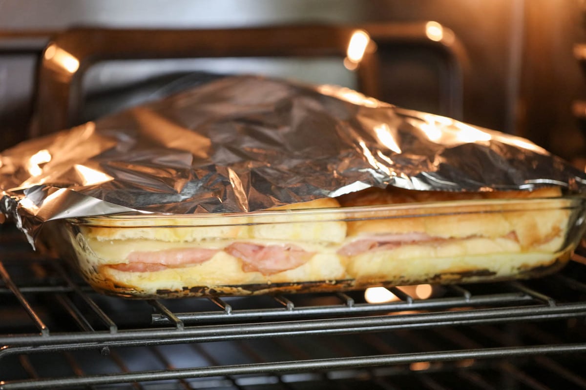 Monte Cristo Slider filled baking dish tented with tin foil 