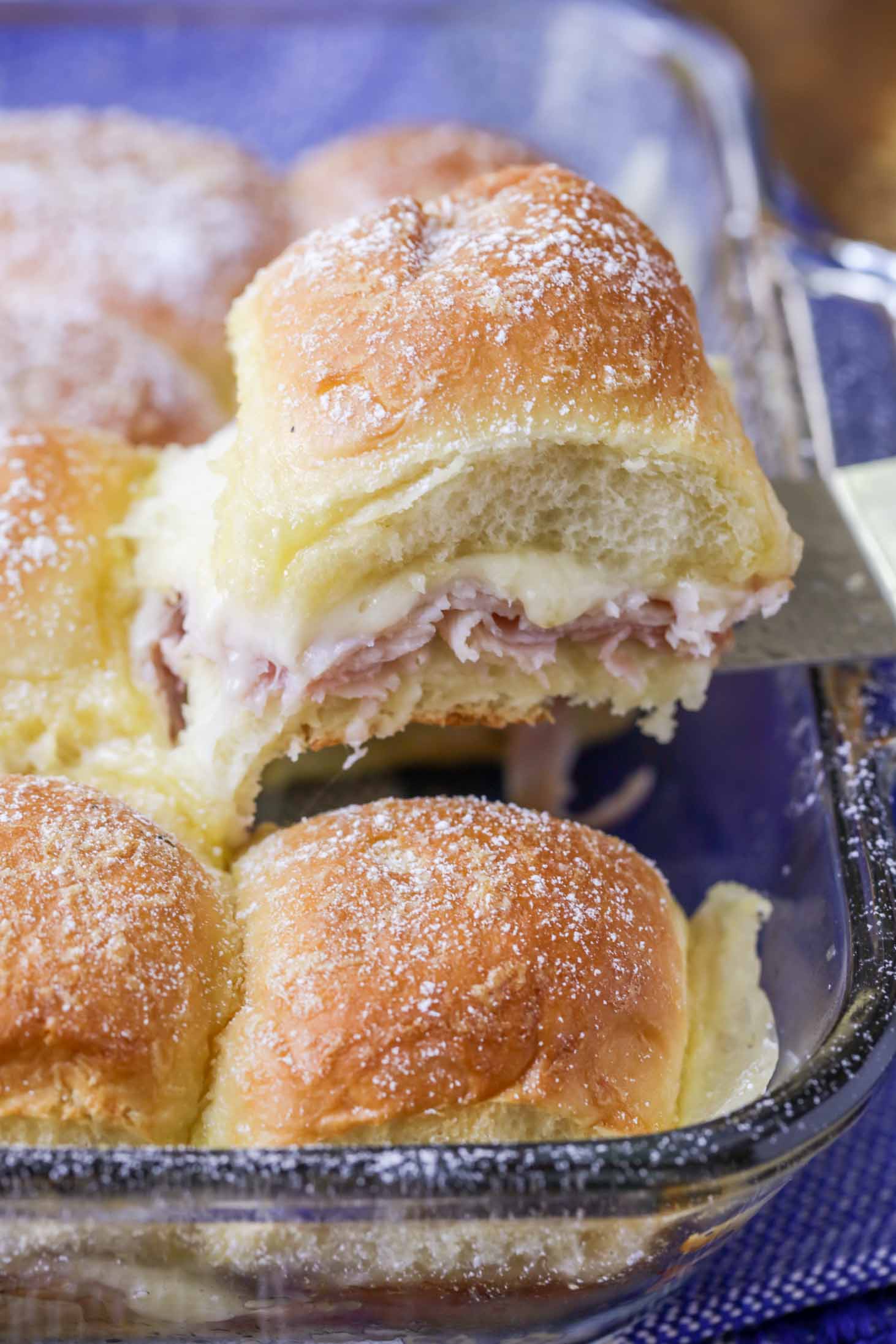 Monte Cristo Sliders served in a glass baking dish
