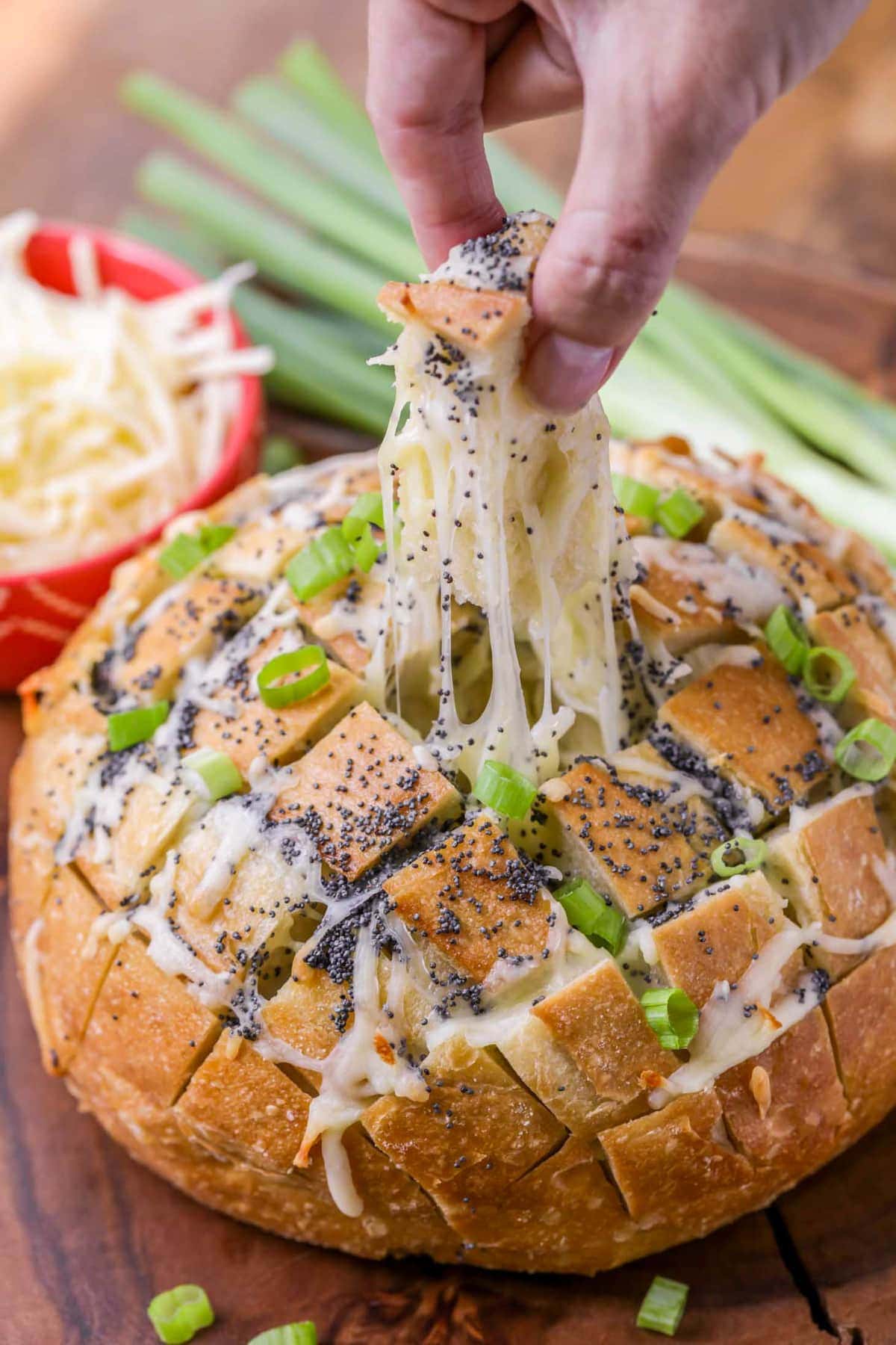 Pull Apart Cheese Bread covered in a cheese and green onions.