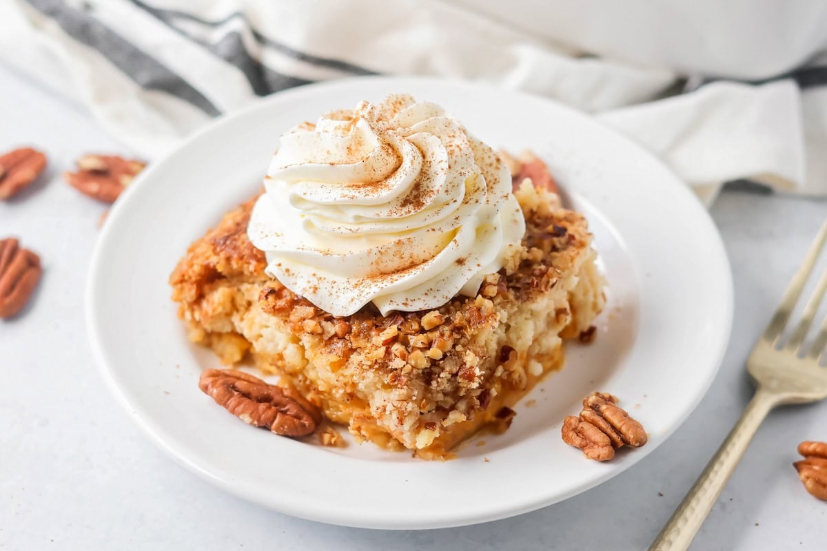 Pumpkin Dump Cake slice with whipped cream on top on white plate.