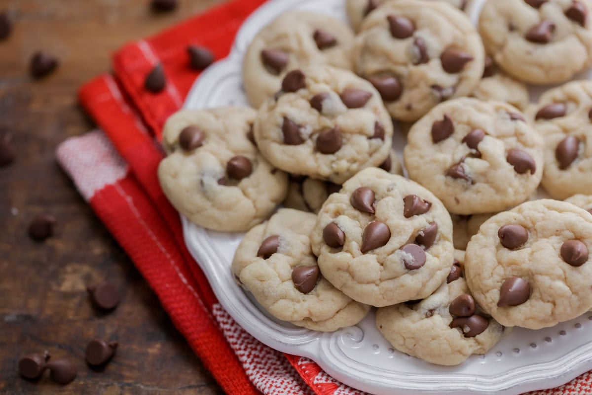 Mini Chocolate Chip Cookies on a white plate